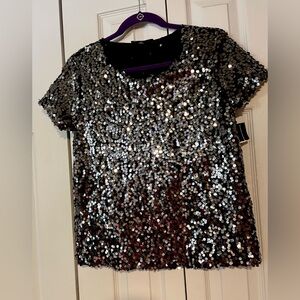 INC International Concepts Black Short Sleeve Top w/ Silver Sequins  SIZE SMALL